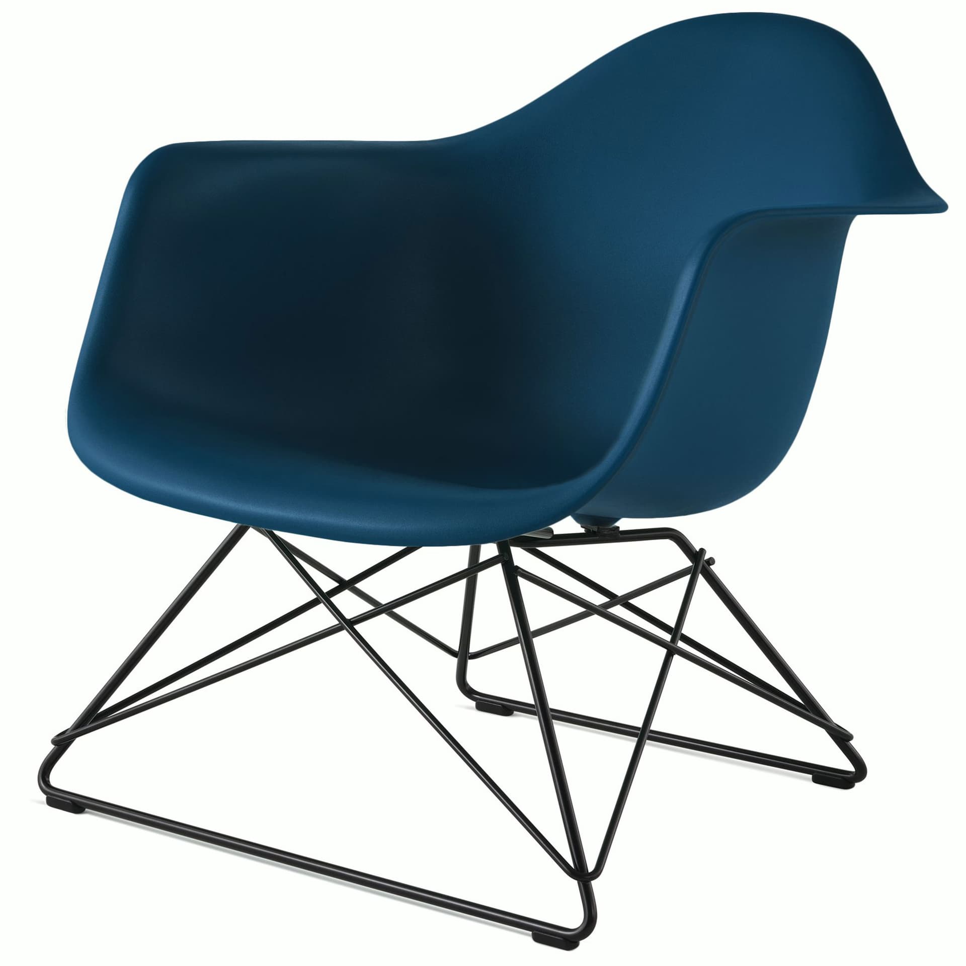 eames molded plastic armchair with low wire base / black base / blue green shell / black standard glides