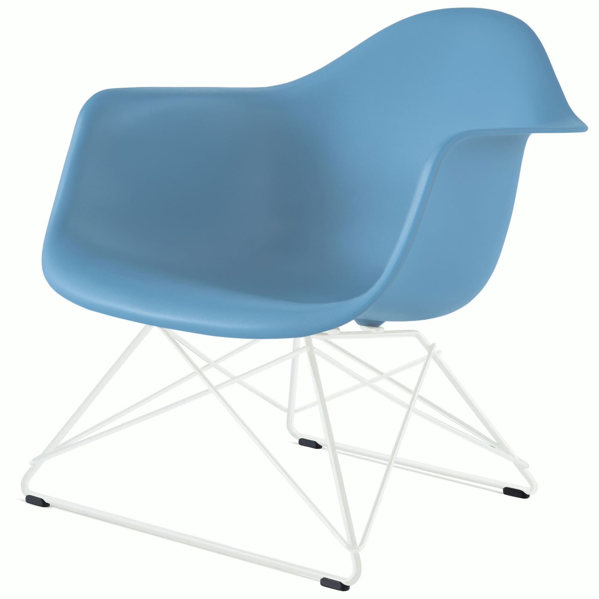 eames molded plastic armchair with low wire base / white base / pale blue shell / white standard glides