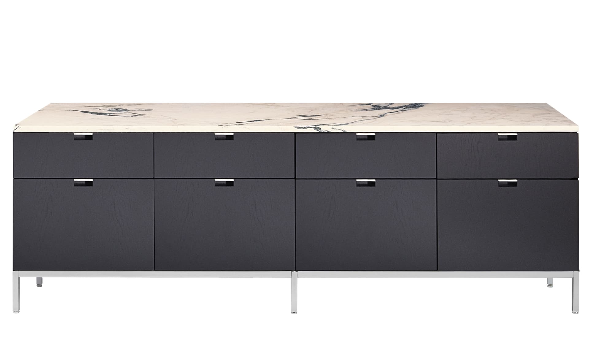 2549M / all drawers / satin chrome base / ebonized oak body / satin coated arabescato marble top / no central locking system