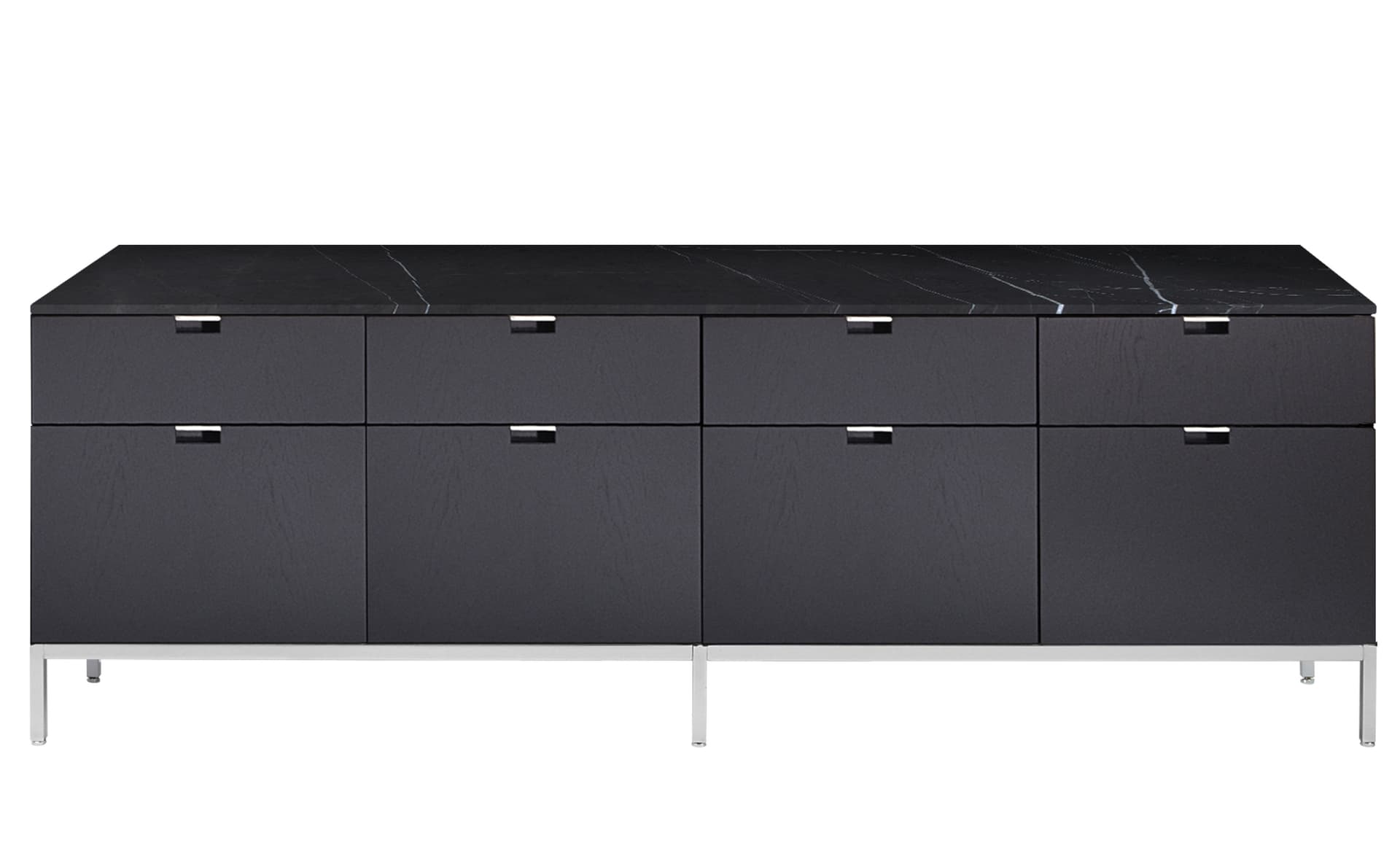 2549M / all drawers / satin chrome base / ebonized oak body / polished coated nero marquina marble top / no central locking system