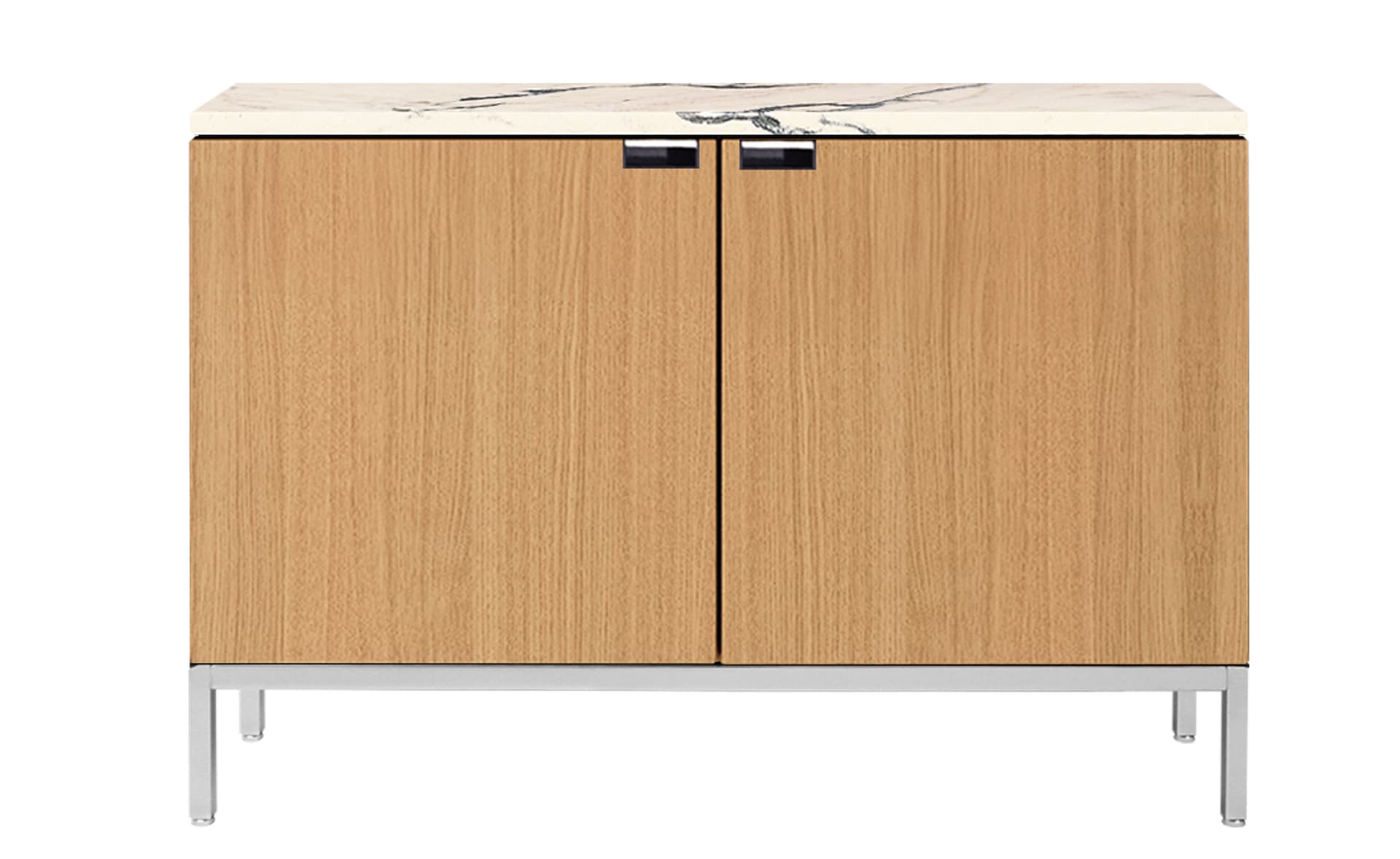 2545M / two cabinets / polished chrome base / natural oak body / satin coated arabescato marble top / no central locking system