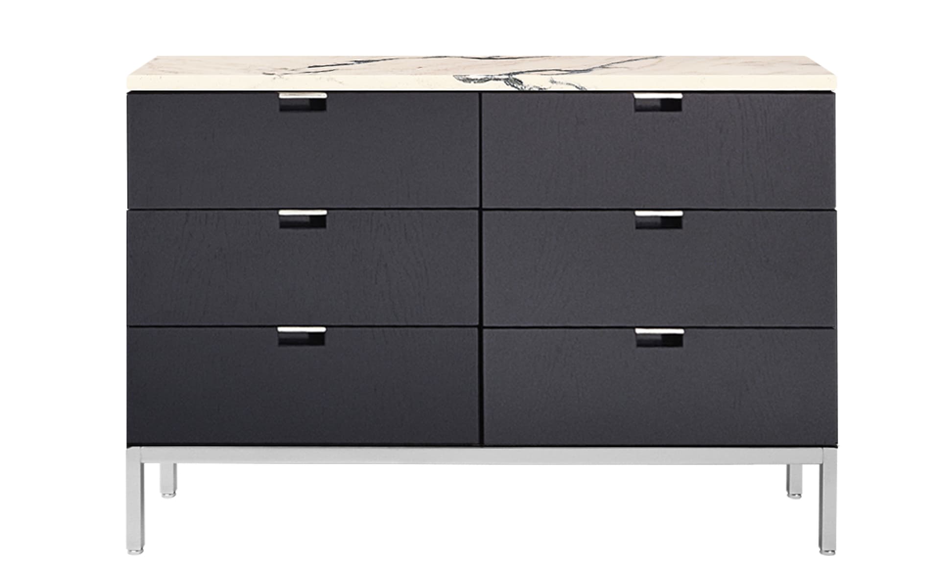 2541M / six drawers / satin chrome base / ebonized oak body / satin coated arabescato marble top / no central locking system