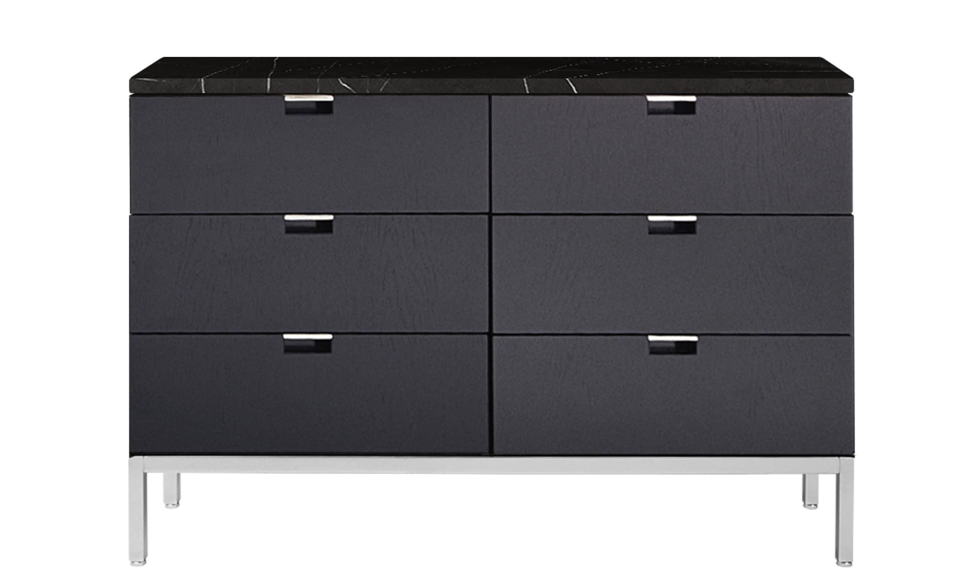 2541M / six drawers / satin chrome base / ebonized oak body / polished coated nero marquina marble top / no central locking system