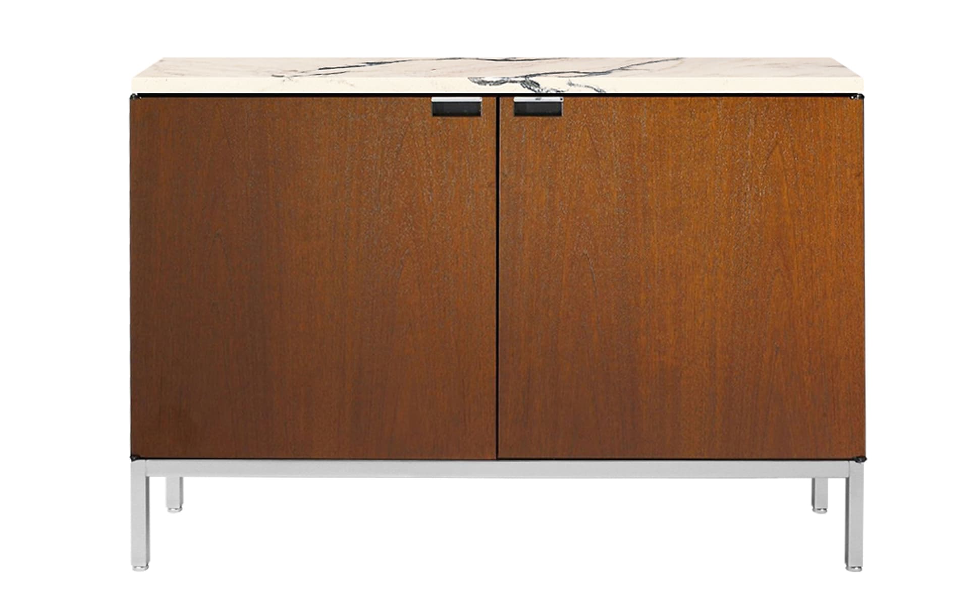 2545M / two cabinets / polished chrome base / medium brown mahogany body / satin coated arabescato marble top / no central locking system