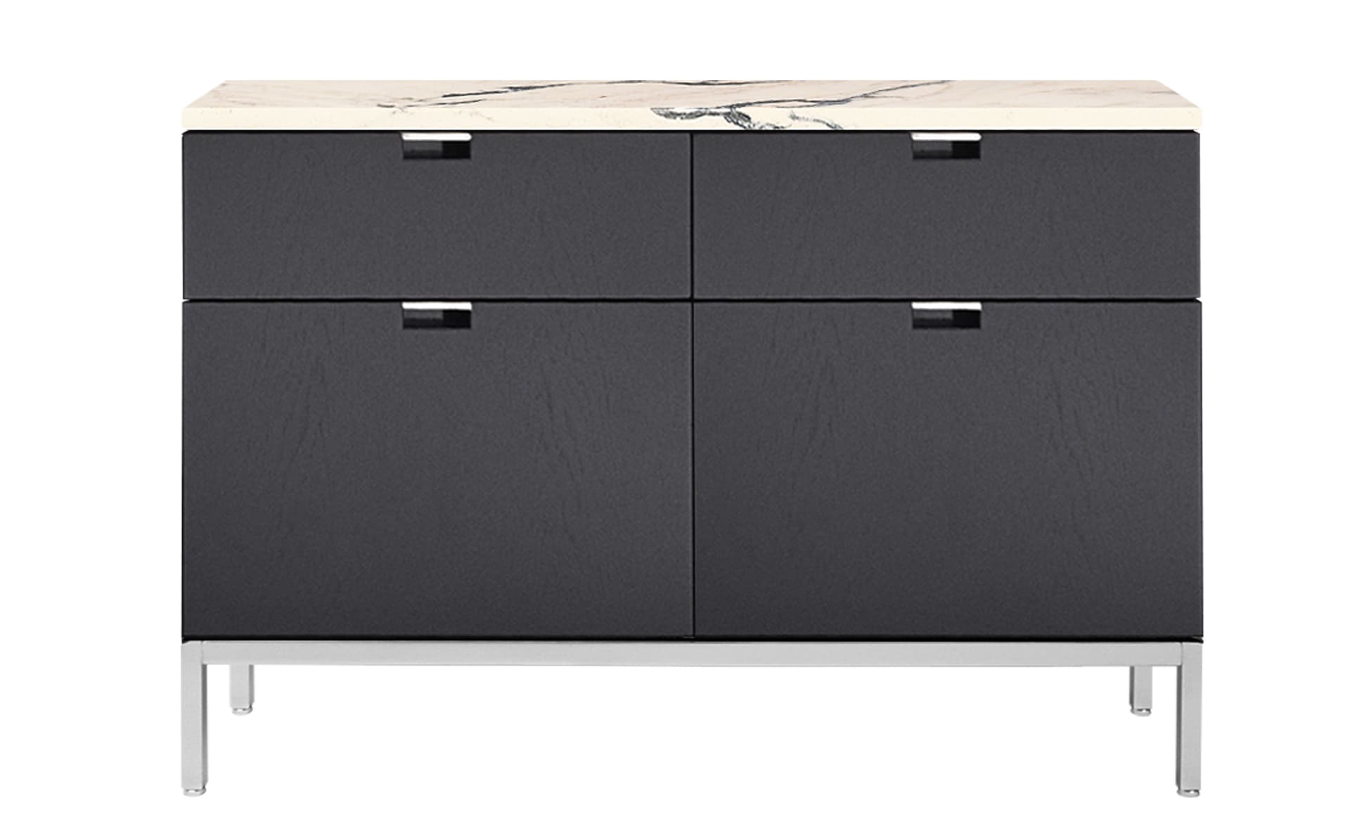 2541M / four drawers / satin chrome base / ebonized oak body / polished coated arabescato marble top / no central locking system