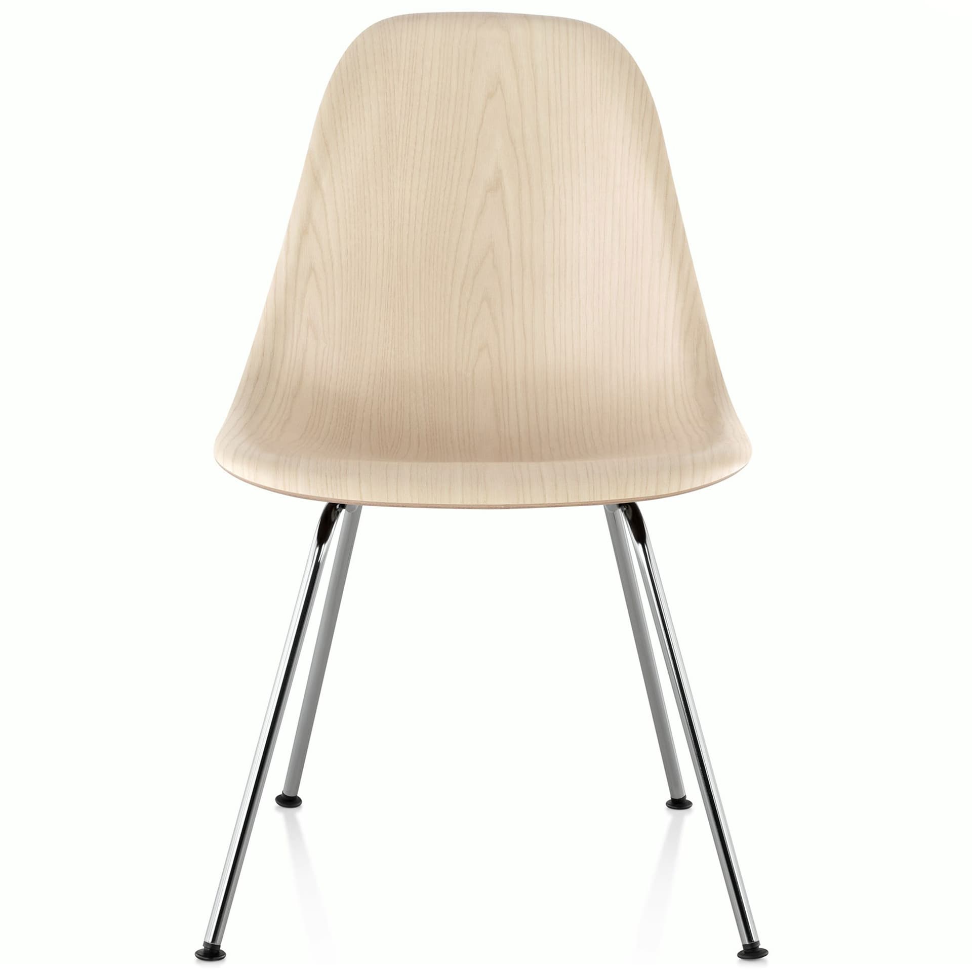 eames molded wood side chair with 4 leg base / standard glides with felt bottom  / white ash  / trivalent chrome