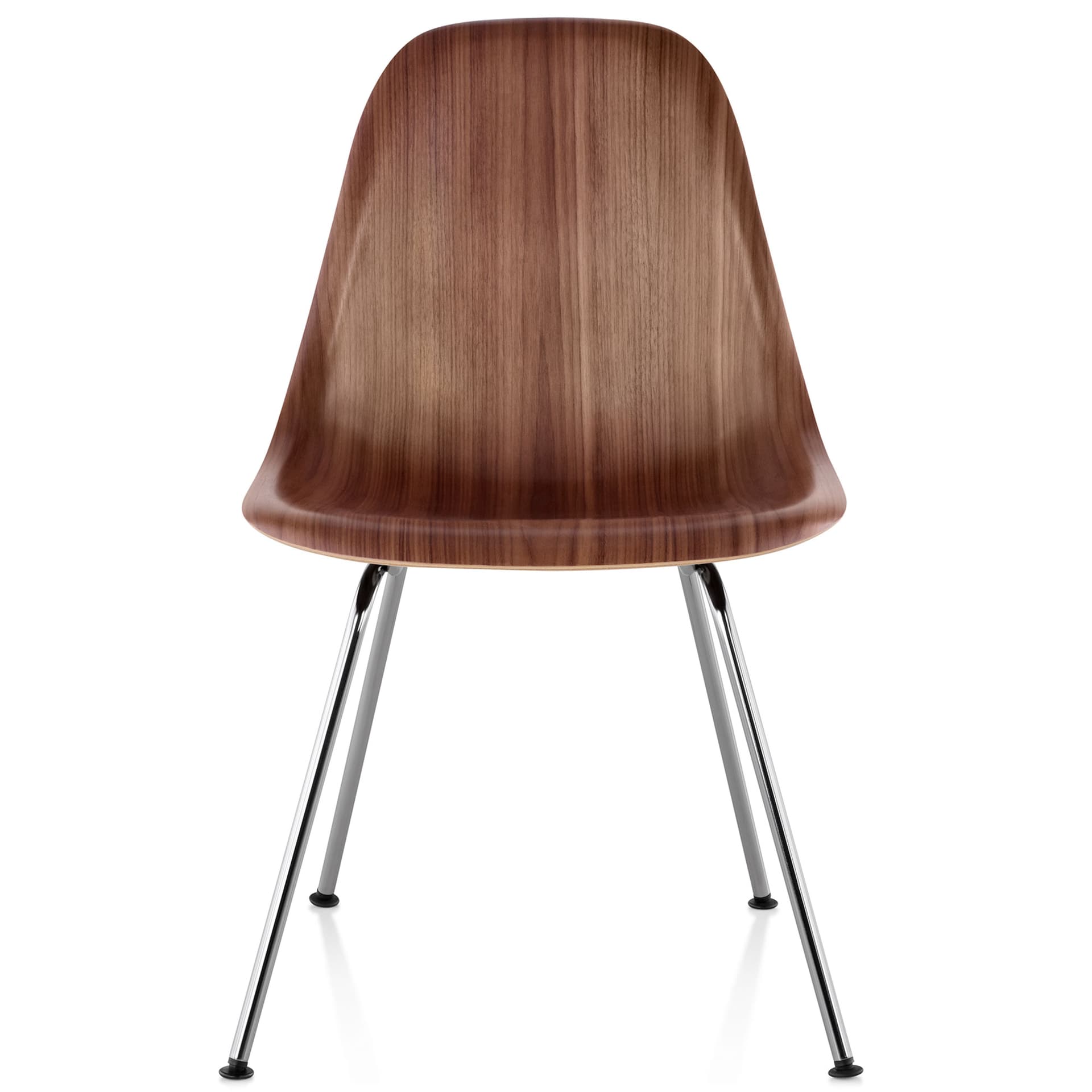 eames molded wood side chair with 4 leg base / standard glides with felt bottom  / walnut  / trivalent chrome