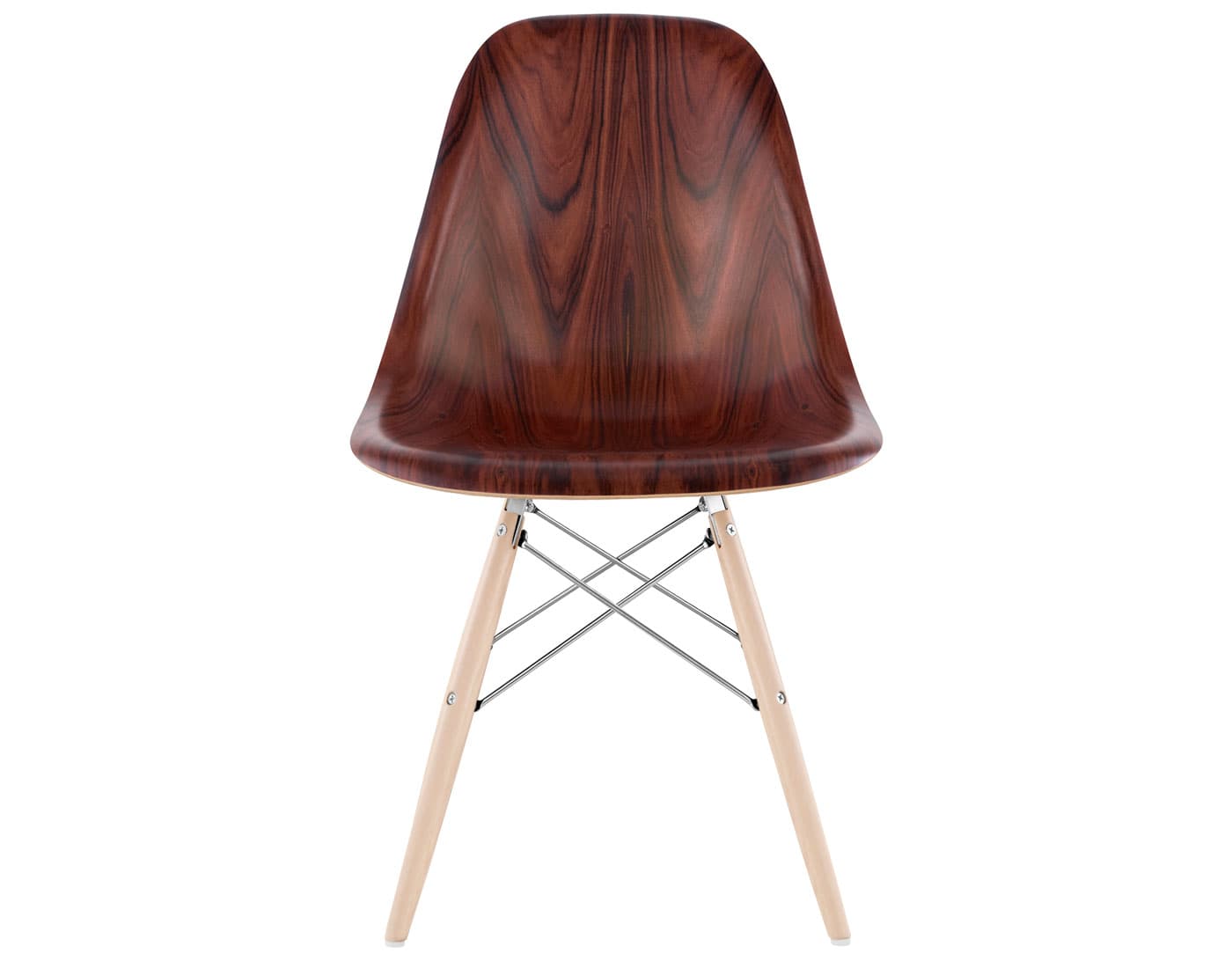 eames molded wood side chair with dowel base / standard glides with felt bottom  / santos palisander  / trivalent chrome  / maple with white glides