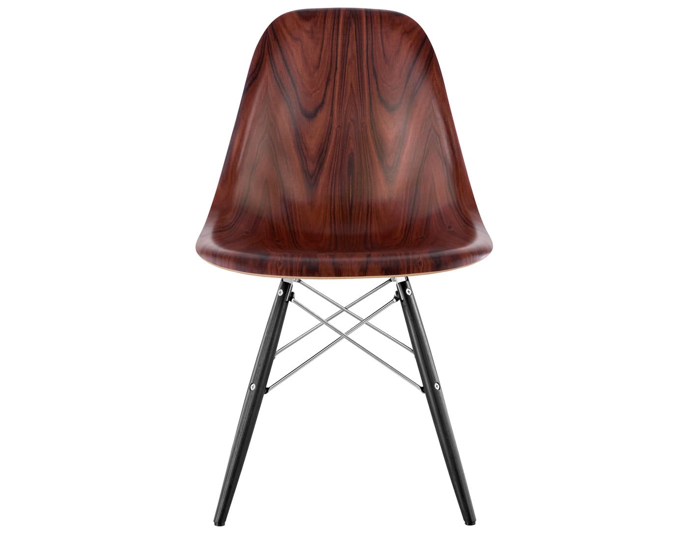 eames molded wood side chair with dowel base / standard glides with felt bottom  / santos palisander  / trivalent chrome  / ebony with black glides
