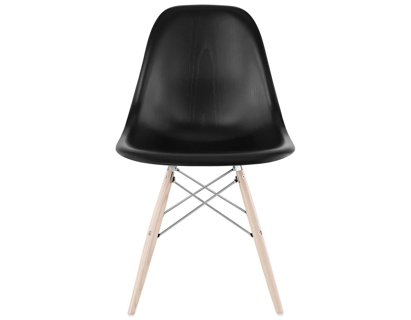 eames molded wood side chair with dowel base / standard glides with felt bottom  / ebony  / trivalent chrome  / white ash with white glides