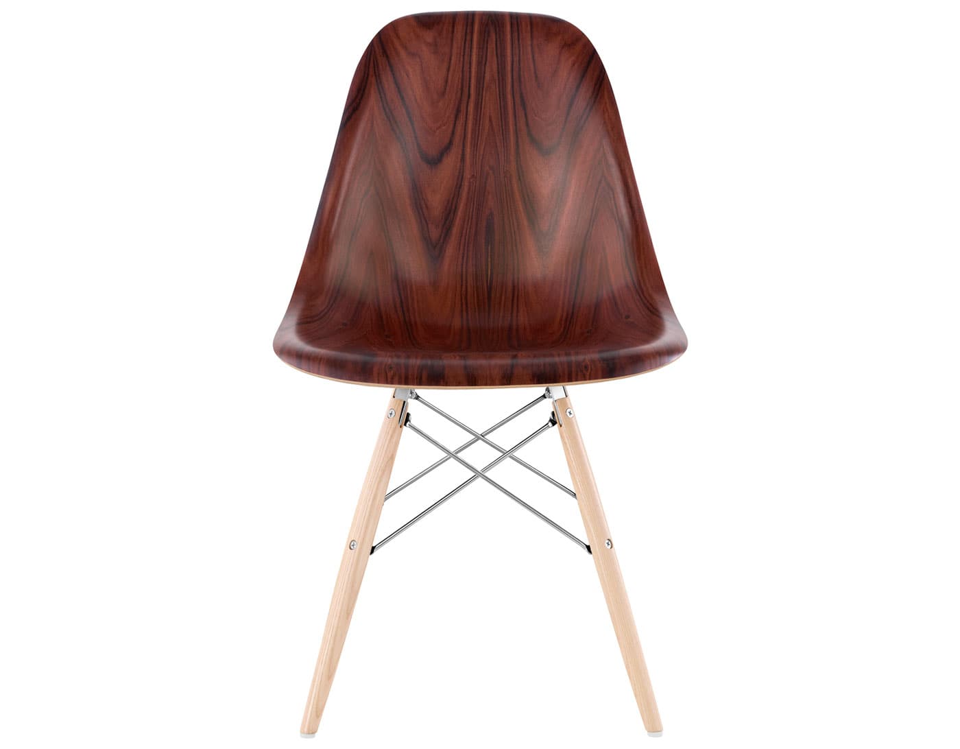 eames molded wood side chair with dowel base / standard glides  / santos palisander  / trivalent chrome  / white oak with white glides