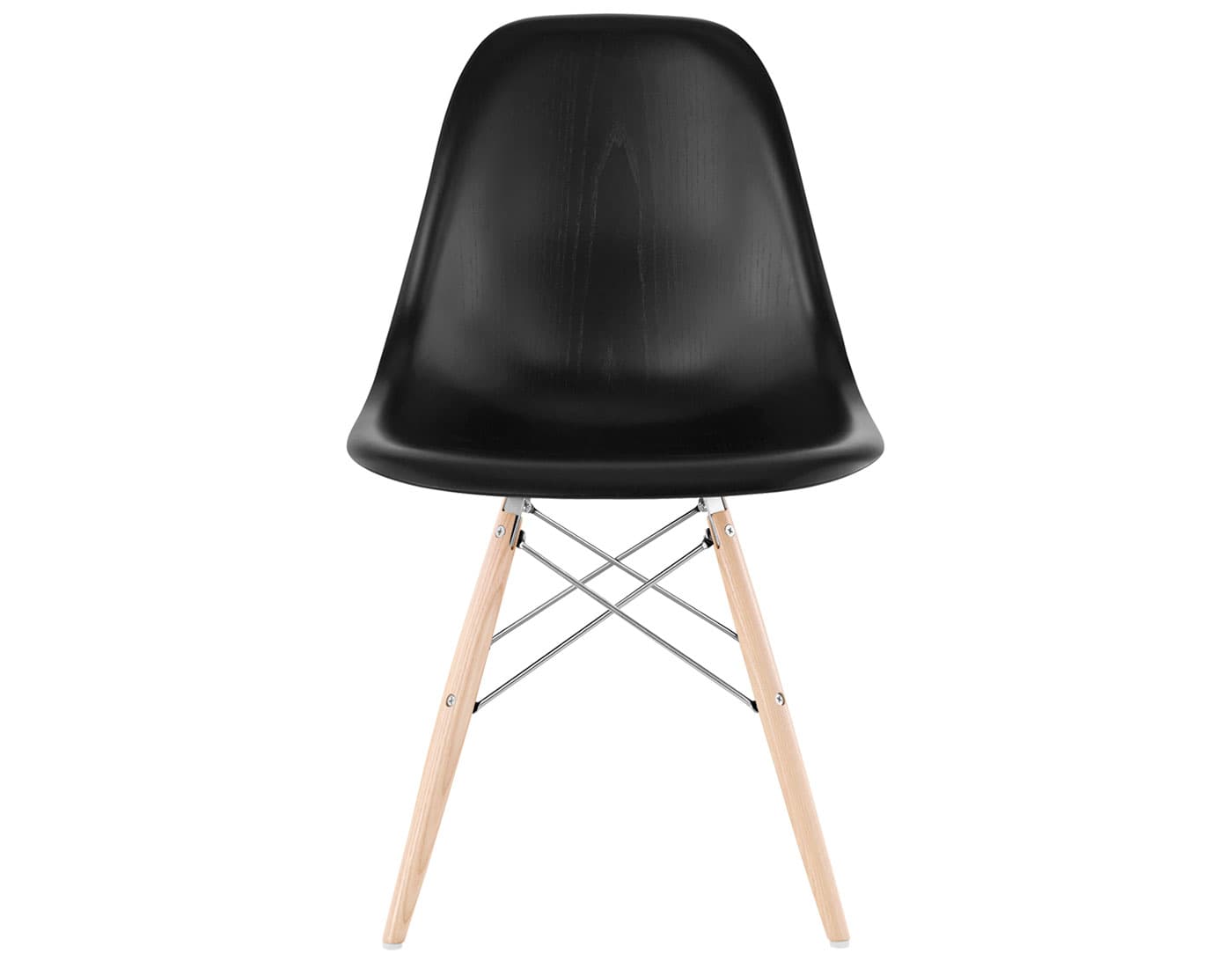eames molded wood side chair with dowel base / standard glides with felt bottom  / ebony  / trivalent chrome  / white oak with white glides