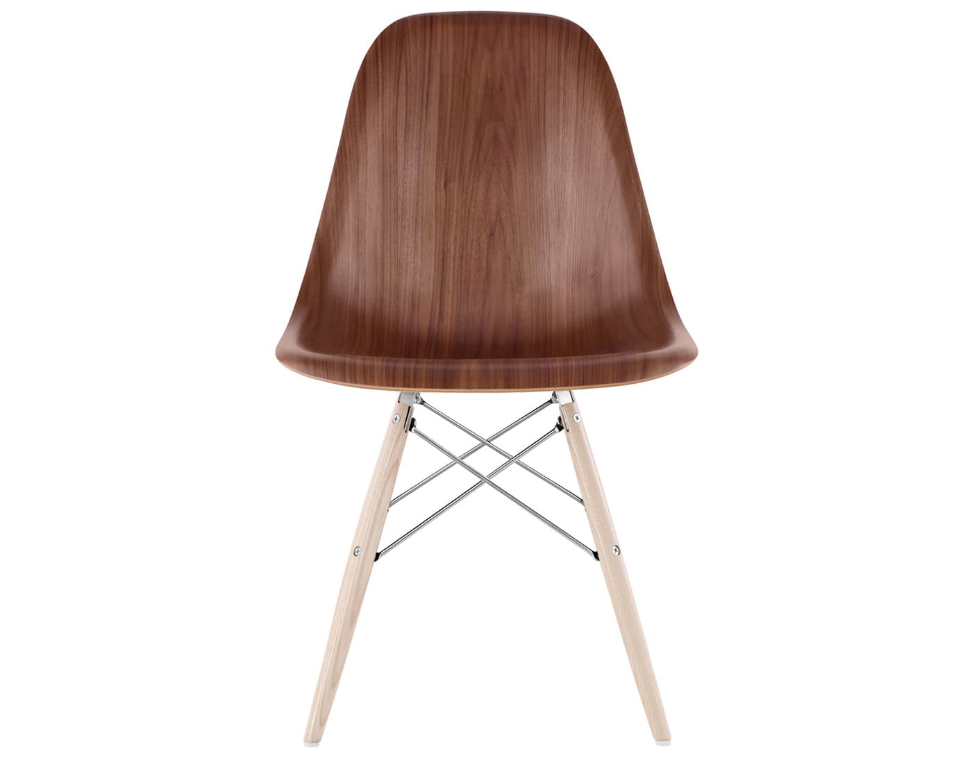eames molded wood side chair with dowel base / standard glides  / walnut  / trivalent chrome  / white ash with white glides
