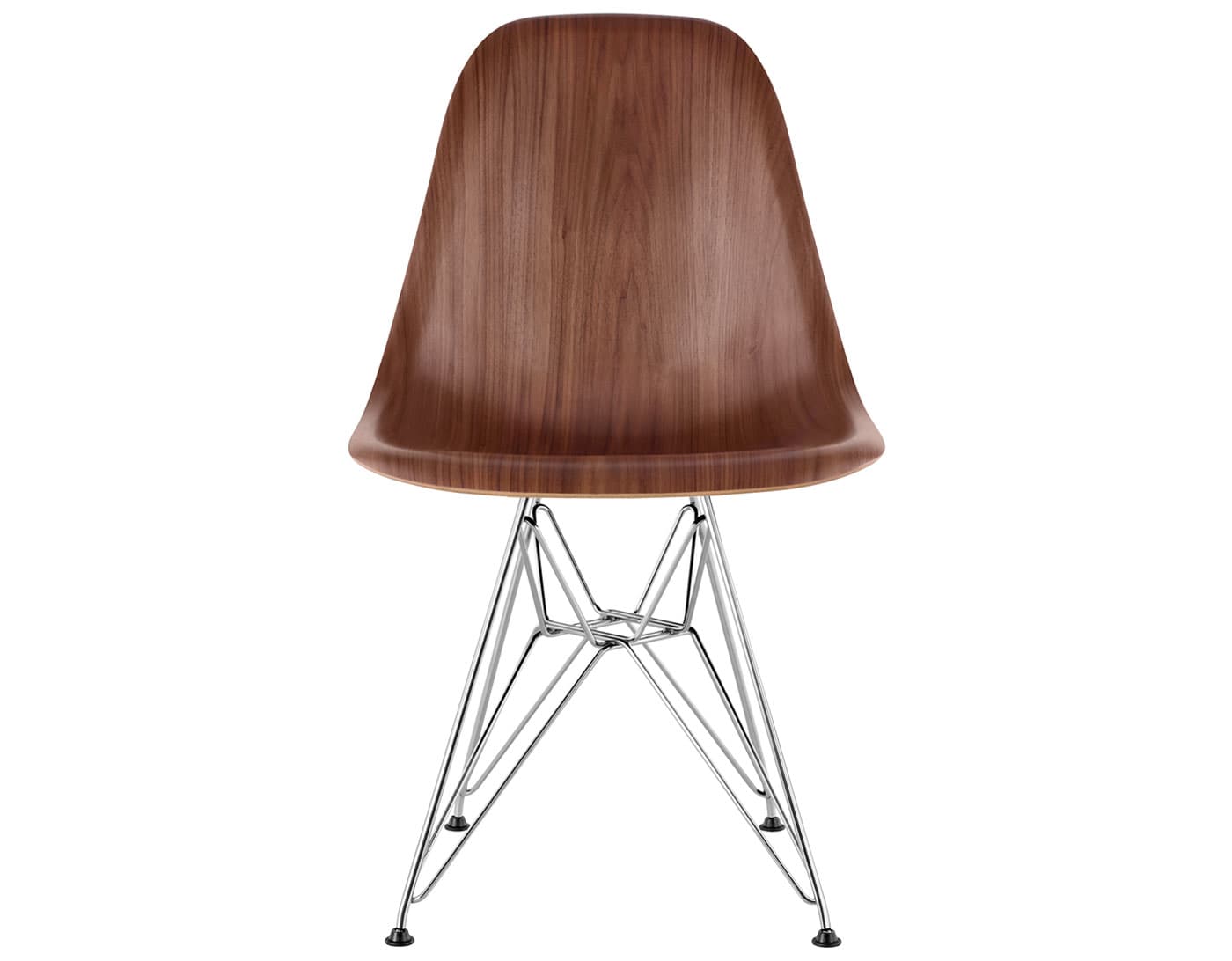 eames molded wood side chair with wire base / standard glides  / walnut  / trivalent chrome