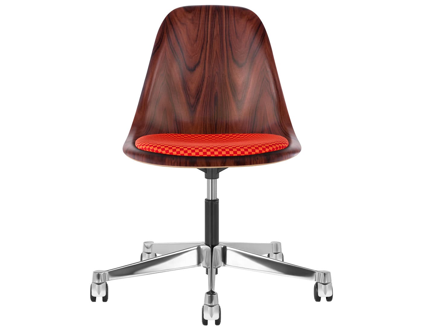 chrome - 2" soft double wheel casters - hard floor/carpet (MD) / santos palisander (9N) / checker - crimson/orange (V1213)