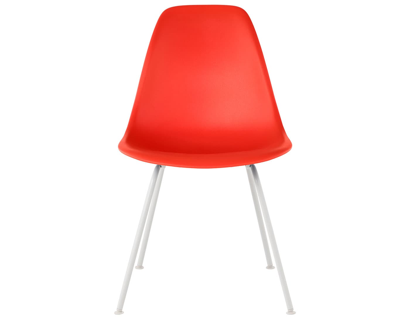 eames molded plastic side chair with 4 leg base / standard glides  / 100% recycled plastic - red orange  / white