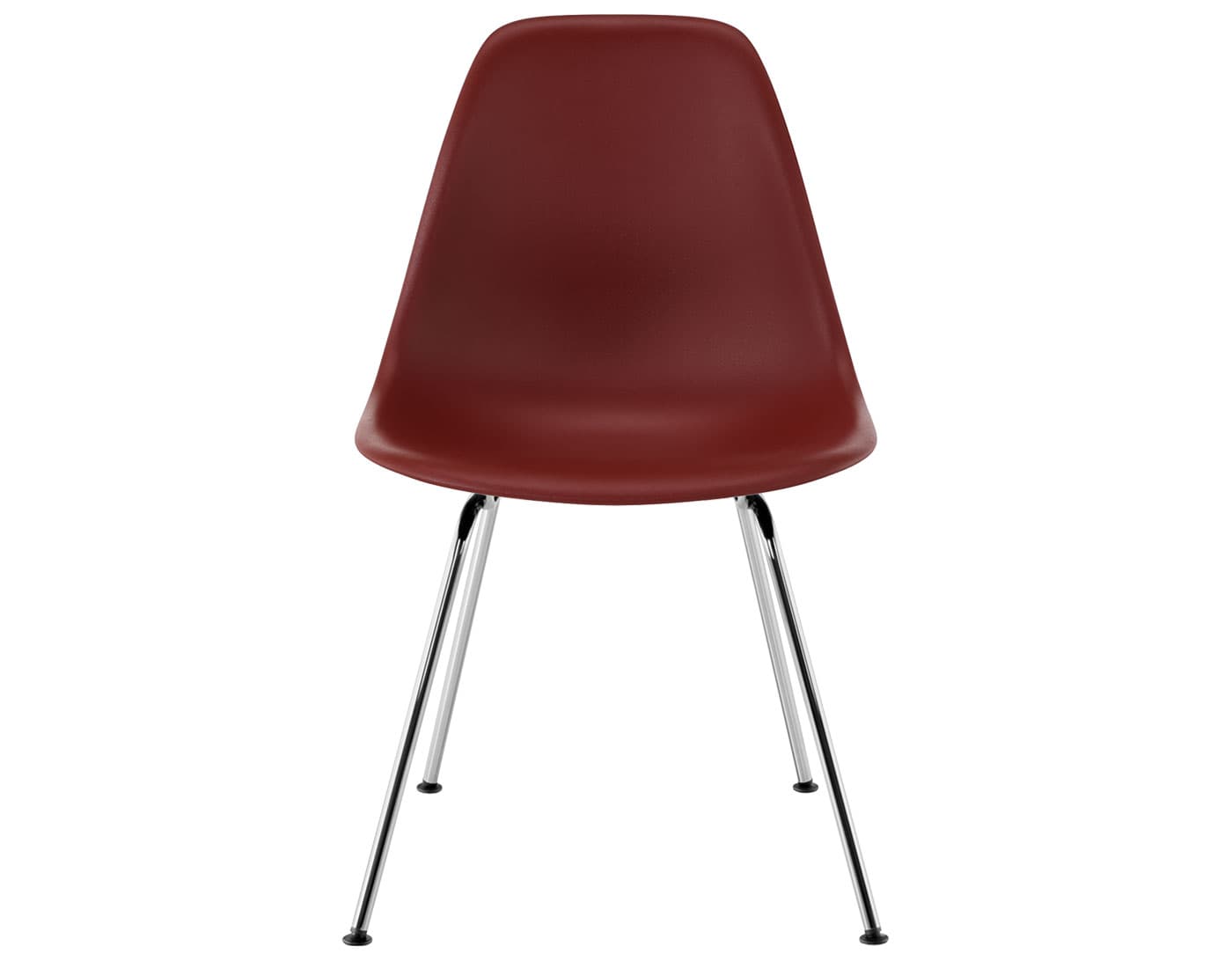 eames molded plastic side chair with 4 leg base / standard glides  / 100% recycled plastic - brick red  / trivalent chrome