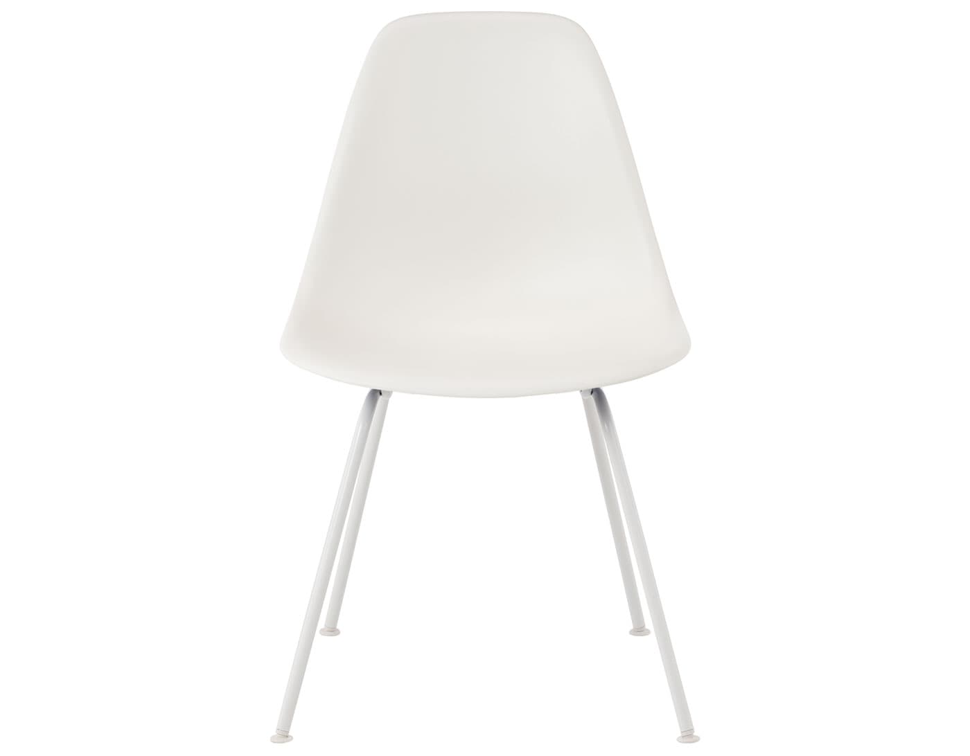 eames molded plastic side chair with 4 leg base / standard glides with felt bottom  / 100% recycled plastic - white  / white