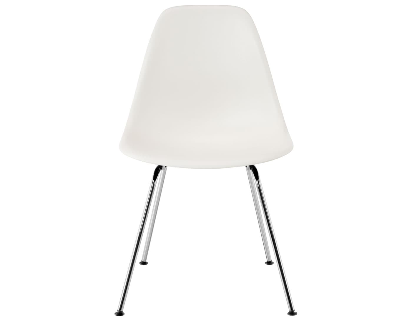 eames molded plastic side chair with 4 leg base / standard glides with felt bottom  / 100% recycled plastic - white  / trivalent chrome