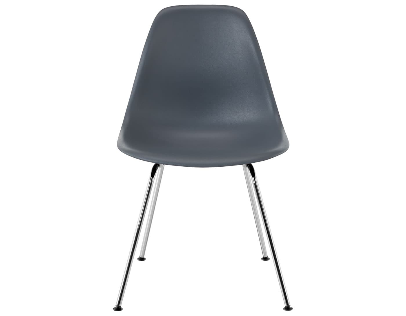 eames molded plastic side chair with 4 leg base / standard glides with felt bottom  / 100% recycled plastic - medium grey  / trivalent chrome
