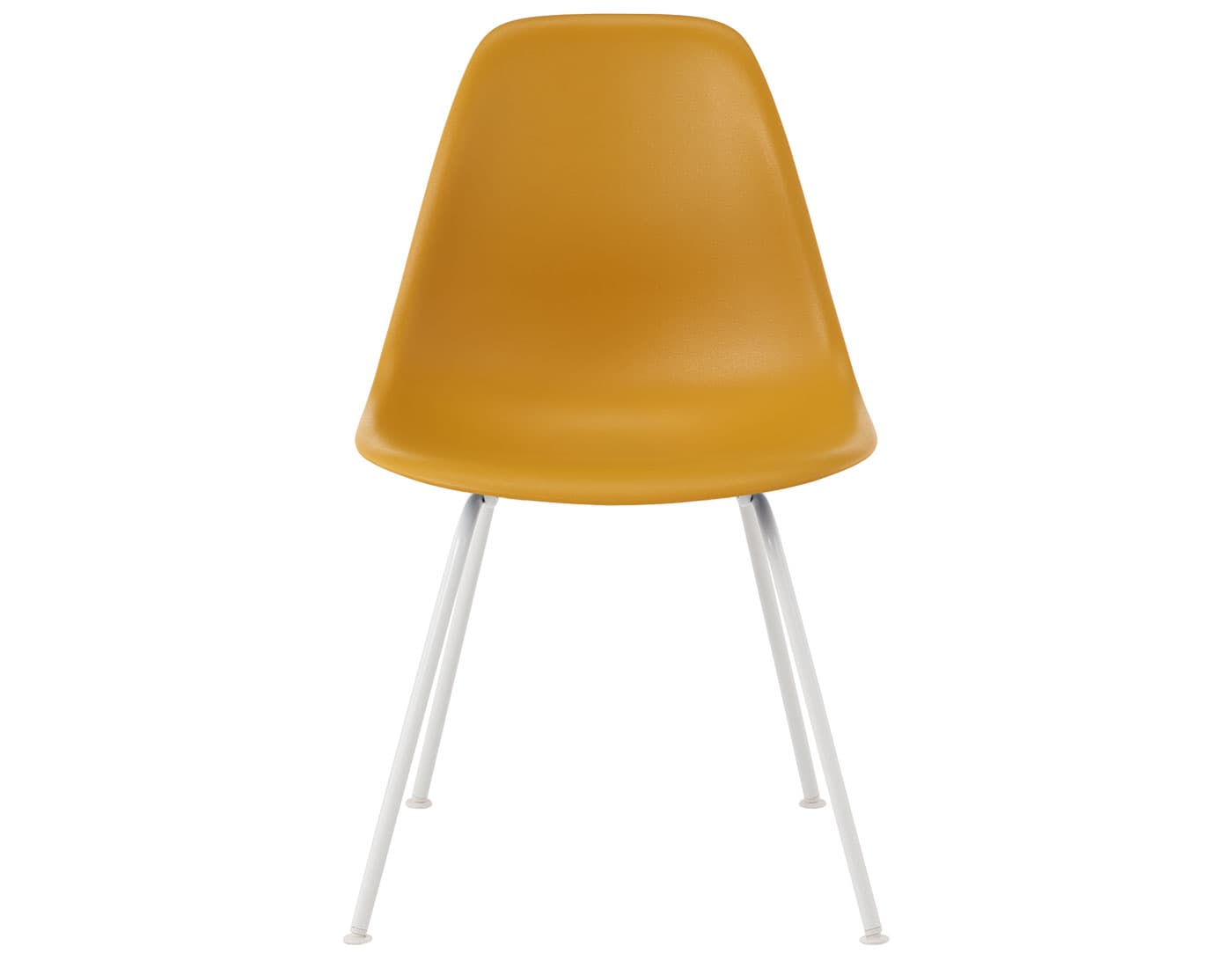 eames molded plastic side chair with 4 leg base / standard glides with felt bottom  / 100% recycled plastic - deep yellow  / white