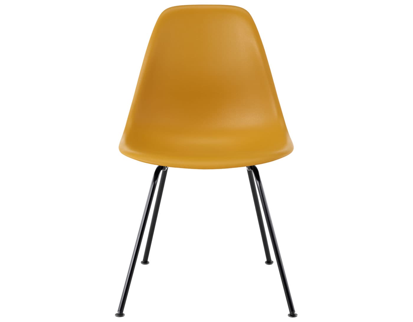 eames molded plastic side chair with 4 leg base / standard glides with felt bottom  / 100% recycled plastic - deep yellow  / black