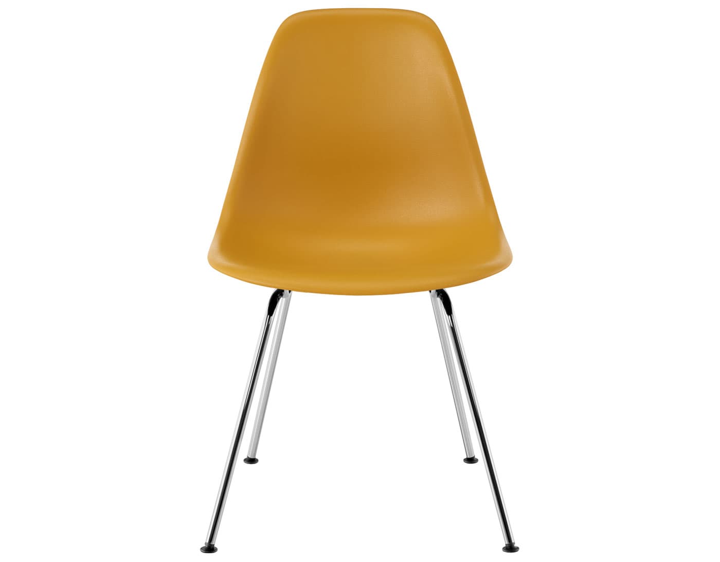 eames molded plastic side chair with 4 leg base / standard glides with felt bottom  / 100% recycled plastic - deep yellow  / trivalent chrome