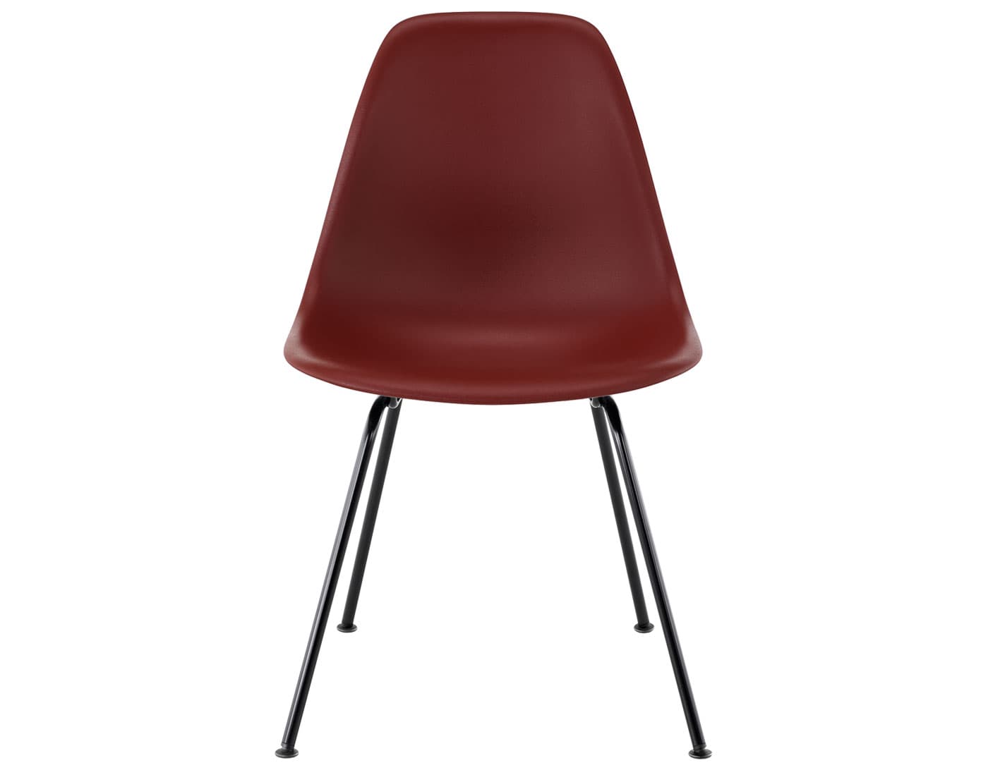 eames molded plastic side chair with 4 leg base / standard glides with felt bottom  / 100% recycled plastic - brick red  / black