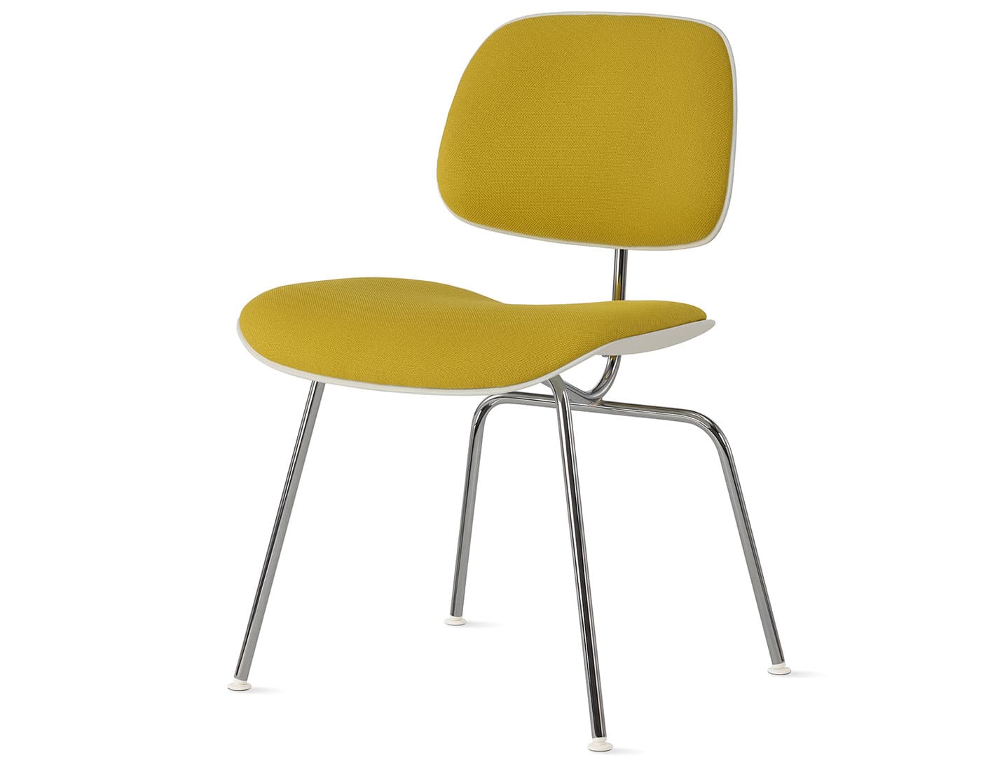 Eames Upholstered Molded Plastic Dining Chair Metal Base EC-127 / trivalent chrome base / white seat & back / hopsak, yellow dark upholstery