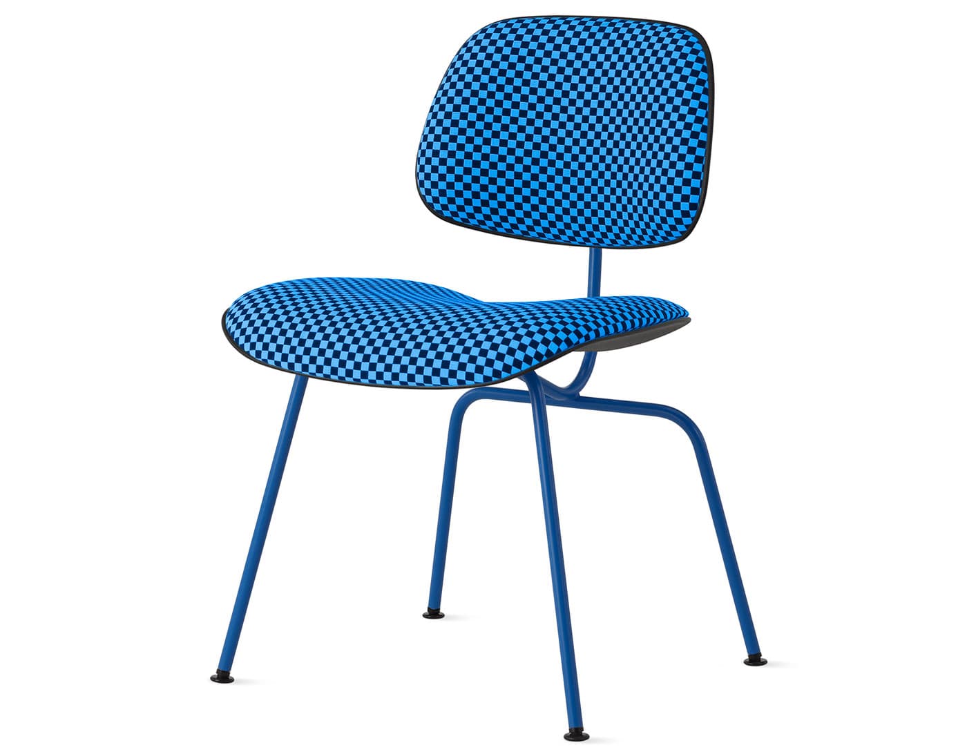 Eames Upholstered Molded Plastic Dining Chair Metal Base EC-127 / berry blue base / black seat & back / checker, ultramarine/turquoise upholstery