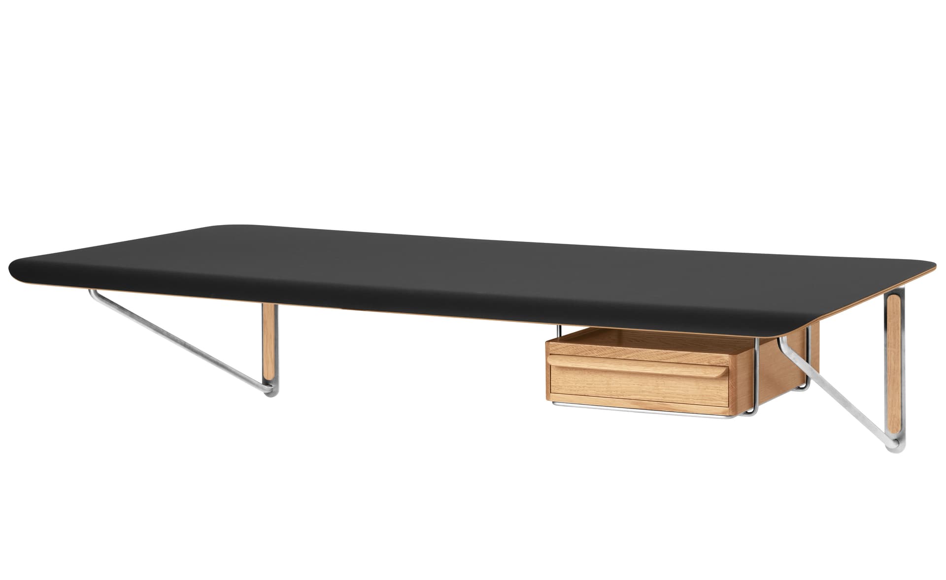Wall Desk / nero ingo laminate top / oiled oak & stainless steel supports / add drawer in lacquered oak with stainless steel support