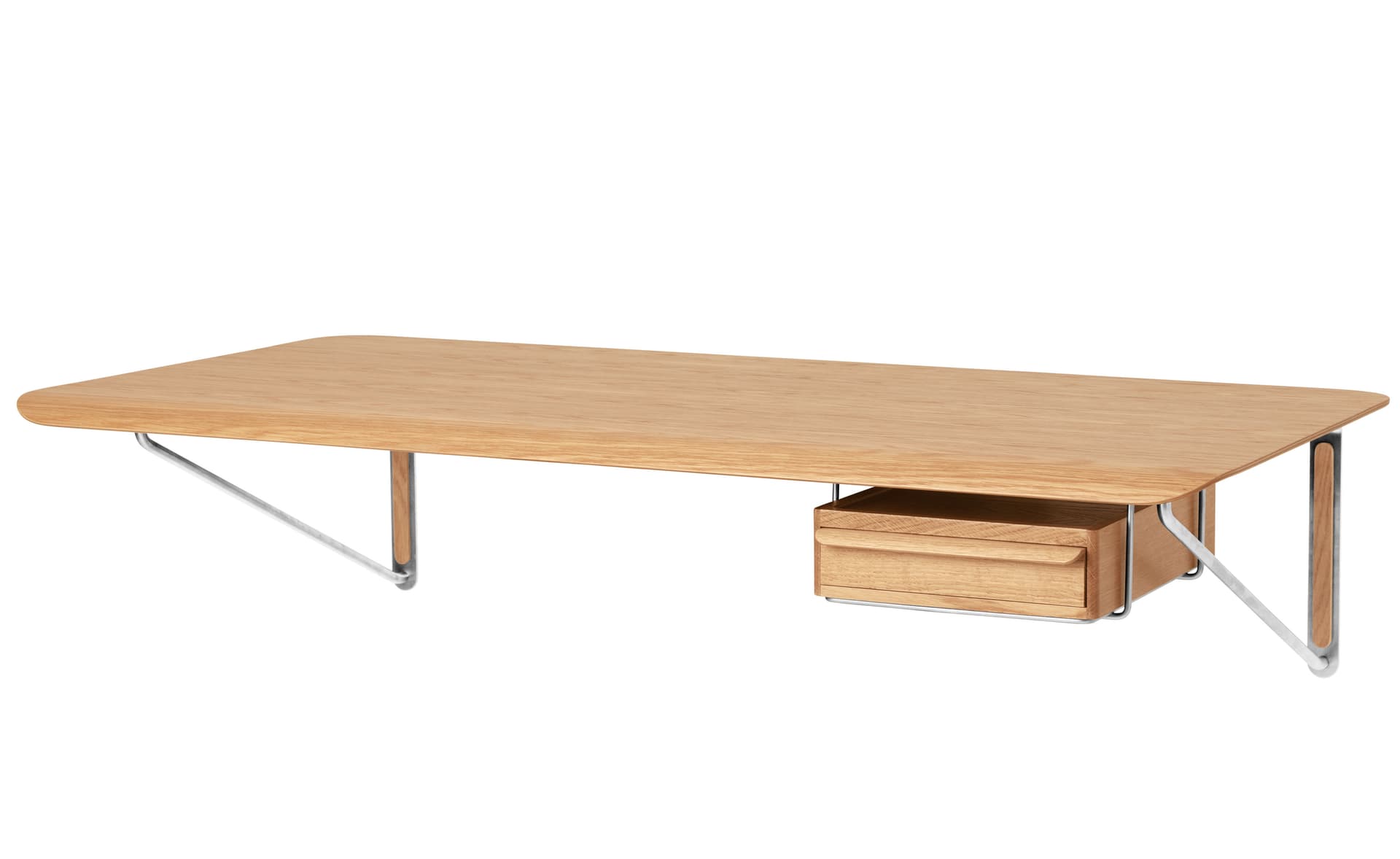 Wall Desk / lacquered oak top / lacquered oak & stainless steel supports / add drawer in oiled oak with stainless steel support